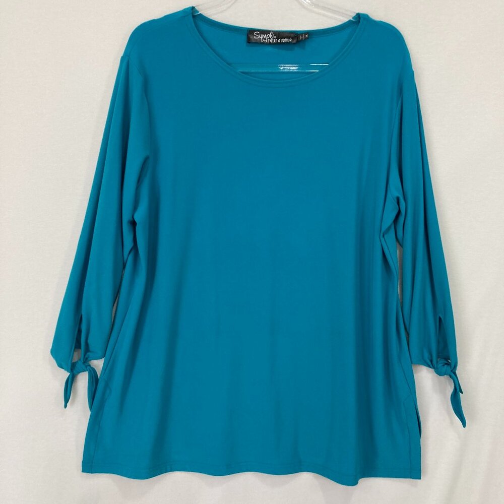 Sympli Top size‎ 14 Blue Teal Tie Sleeve Stretch Knit Comfy Preppy Office